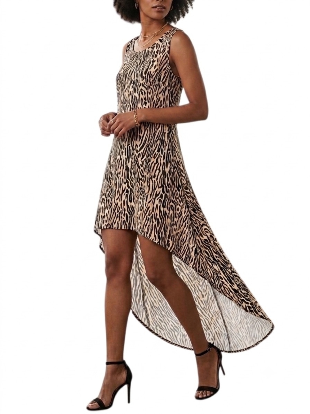 Magazine Sleeveless Animal-Print High-Low Dress in Tan and Black Womens L